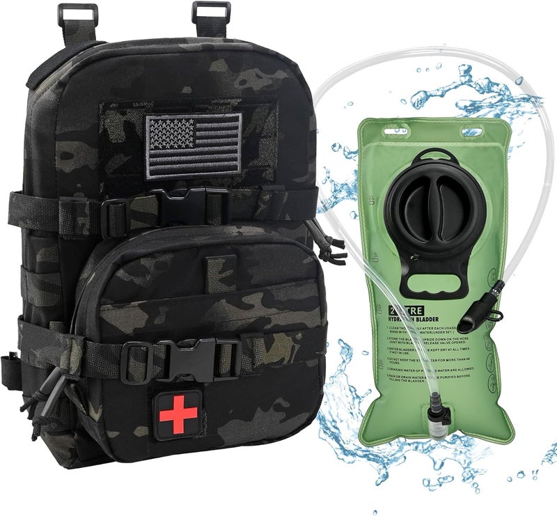 tactifans Tactical Mini Molle Hydration Pack,Molle Hydration Carrier with IFAK Pouch&US Flag&Med Patch,Hydropack for 2L Water Bladder - Image 1